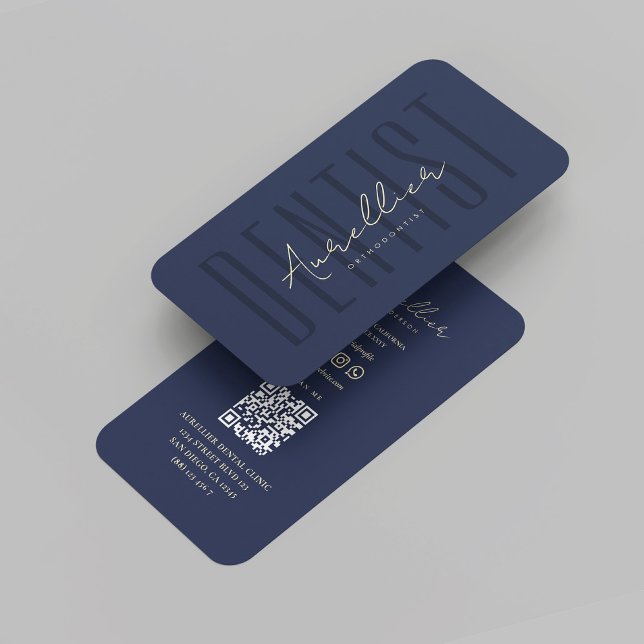 Tarjeta De Visita Ortodoncistas Dentistas Modernos Monograma Dental  (Modern Dentist Orthodontists Dental Monogram Blue Gold Doctor Dental Surgery QR Business Card
)