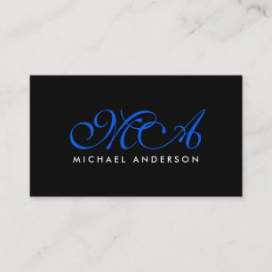 Tarjeta De Visita Oscuro Monograma Azul Elegante Guión Negro Fondo