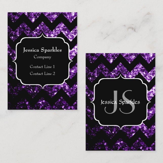 Tarjeta De Visita Oscuro Morado brillante negro Chevron Monograma (Anverso / Reverso)