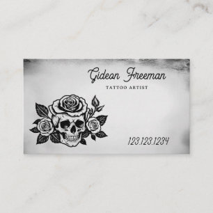 Tarjeta De Visita Oscuro negro y blanco cráneo Roses Tattoo Artista