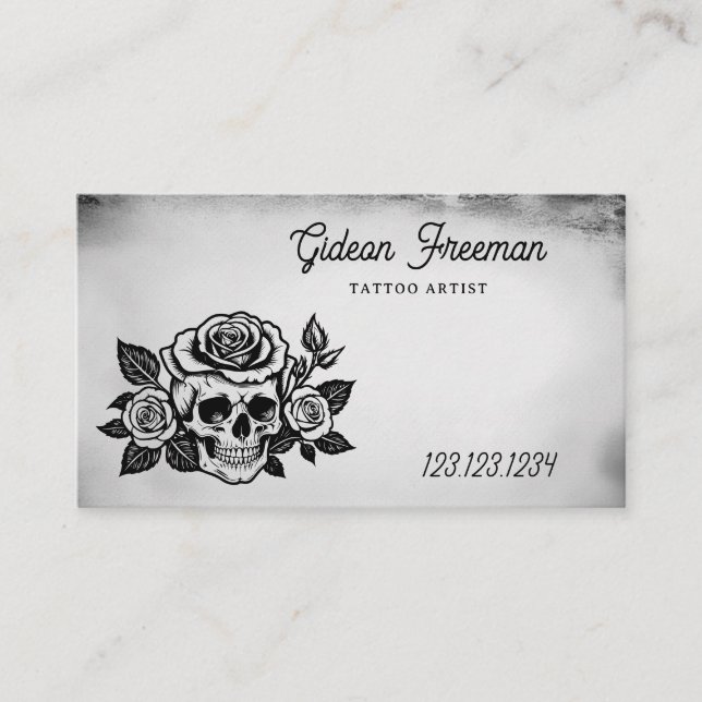 Tarjeta De Visita Oscuro negro y blanco cráneo Roses Tattoo Artista (Anverso)
