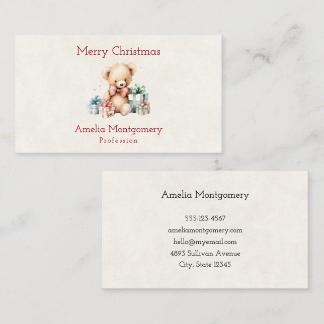 Tarjeta De Visita Oso de peluche con regalo de Navidad (Anverso / Reverso)
