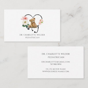 Tarjeta De Visita Oso de peluche estetoscopio floral Pediatra
