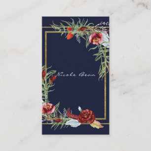 Tarjeta De Visita Otoño Rústico Marsala Floral Azul Marino Chic Eleg