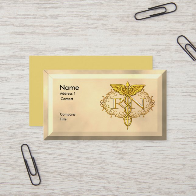Tarjeta De Visita Oval Gold Caduceus RN Enfermero (Anverso/Reverso In Situ)