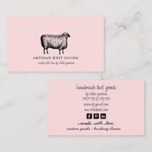 Tarjeta De Visita Oveja Ilustrada Tejiendo Negocio Rosa