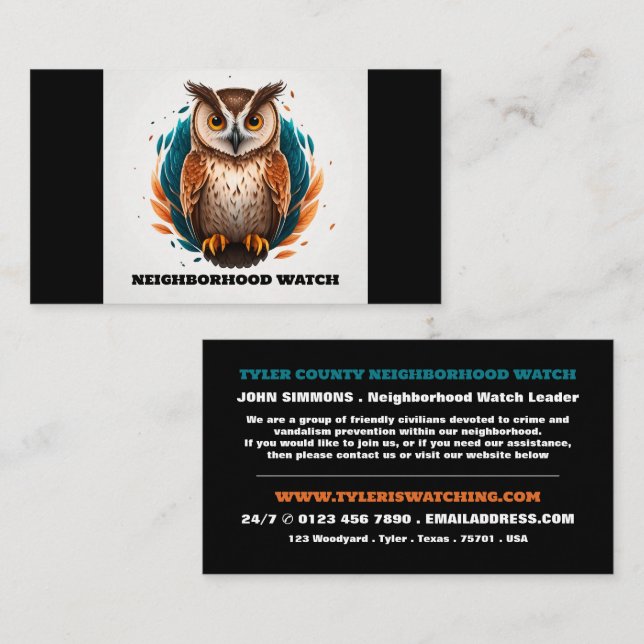 Tarjeta De Visita Owl Design, Vecindario Community Watch (Anverso / Reverso)