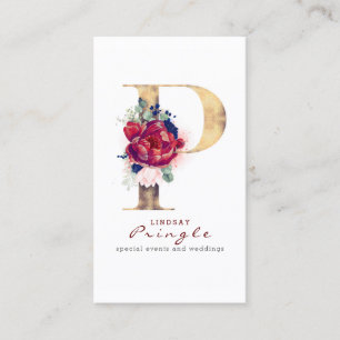 Tarjeta De Visita P Monograma Dorado de Borgoña y Floral Azul de la 
