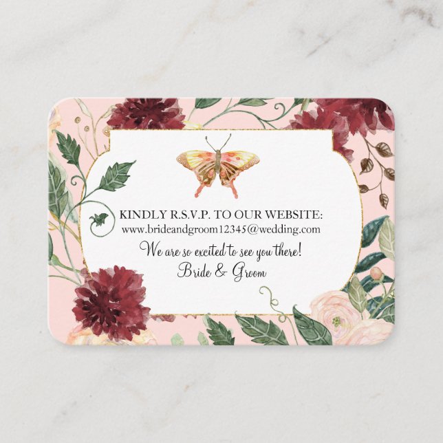 Tarjeta De Visita Página web Boda RSVP Acuarela Otoño Floral Rosa (Anverso)