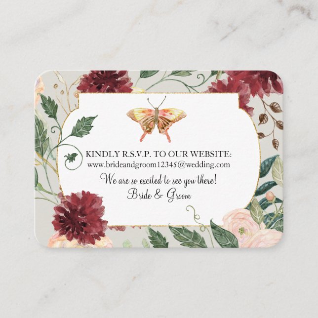 Tarjeta De Visita Página web Boda RSVP Acuarela Otoño Gris Floral (Anverso)