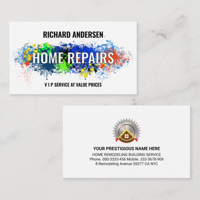 Tarjeta De Visita Paint Splatter Home Repairs Remodelación (Anverso / Reverso)