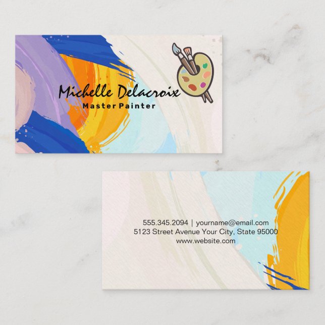 Tarjeta De Visita Paint Strokes | Pinceles de arte y paleta (Anverso / Reverso)