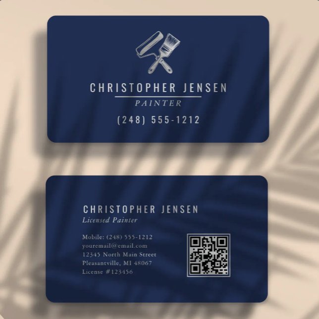Tarjeta De Visita Painter QR Code Navy Blue Silver Rounded Painting (Subido por el creador)
