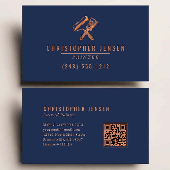 Tarjeta De Visita Painter QR Code Painting Business Navy Blue Copper (Subido por el creador)
