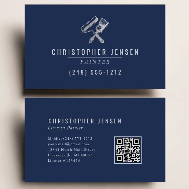 Tarjeta De Visita Painter QR Code Painting Business Navy Blue Silver (Subido por el creador)