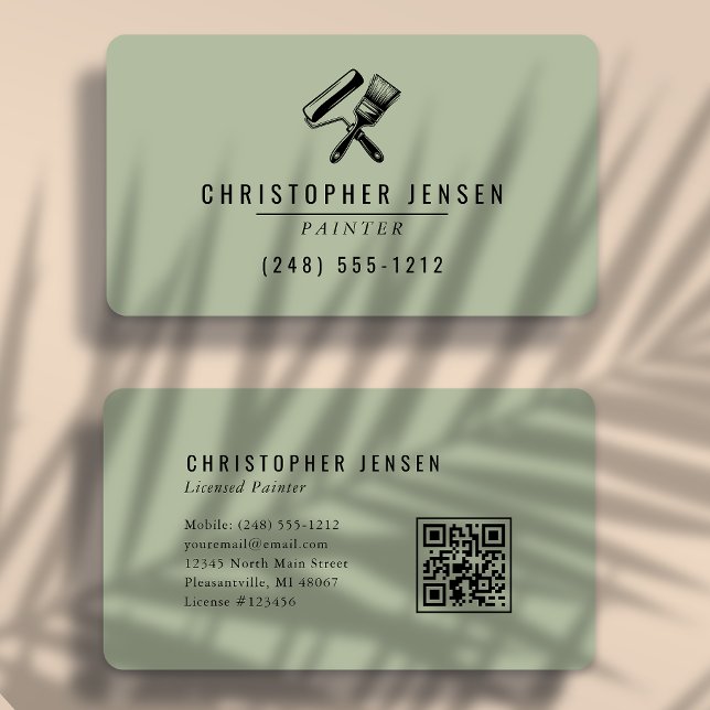 Tarjeta De Visita Painter QR Code Sage Green Black Rounded Painting (Subido por el creador)