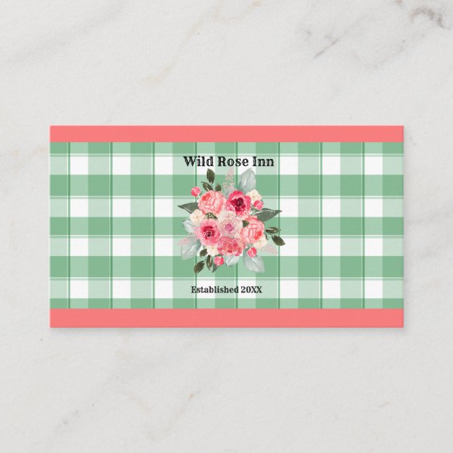 Tarjeta De Visita País Gingham Rosas silvestres B & B Personalizado  (Anverso)