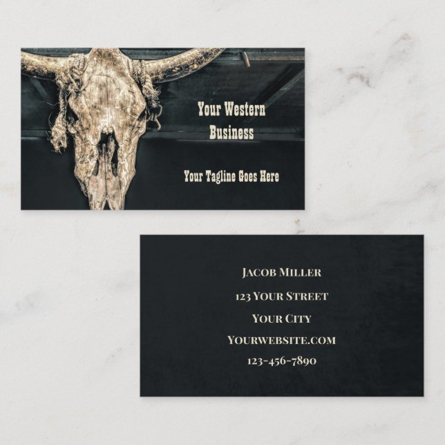Tarjeta De Visita País occidental Beige Gray Rústico Bull Skull (Anverso / Reverso)