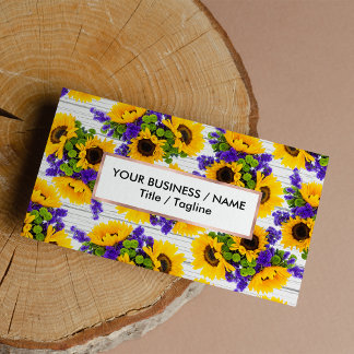 Tarjeta De Visita País Rústico Madera Blanca Morado Girasol Amarillo