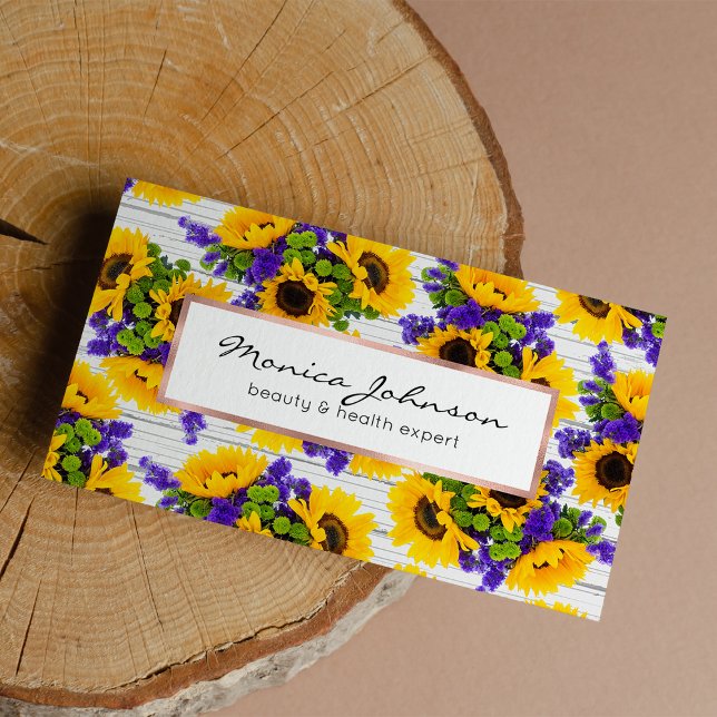 Tarjeta De Visita País Rústico Madera Blanca Morado Girasol Amarillo (Country Rustic White Wood Purple Yellow Sunflower Business Card )