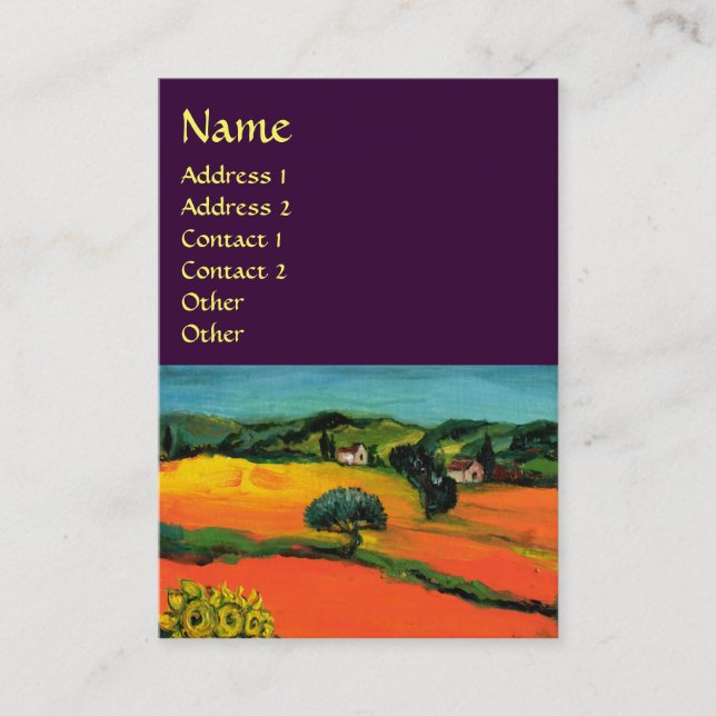 Tarjeta De Visita PAISAJE DE TOSCANA CON FLORES, Púrpura (Anverso)