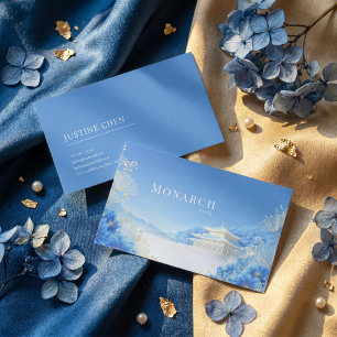 Tarjeta De Visita Paisaje Etéreo de Pagoda Floral Azul de Chinoiseri