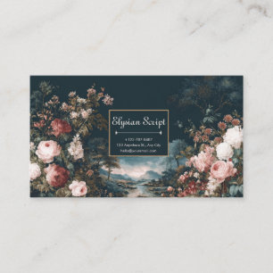 Tarjeta De Visita Paisaje Floral Oscuro Romántico y Río Vintage
