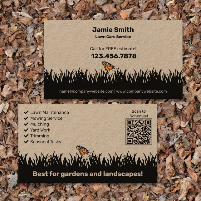 Tarjeta De Visita Paisaje moderno - Cuidado del césped (Modern Landscaping - Lawn Care Business Card - Lawn Silhouette - List QR code)