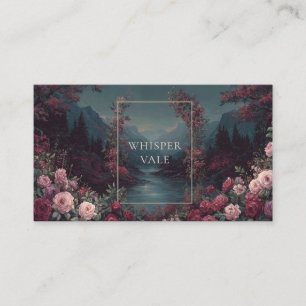 Tarjeta De Visita Paisaje Montañoso Floral de Rosas y Bosque Crepusc