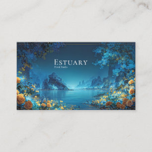 Tarjeta De Visita Paisaje Nocturno Floral Dorado Lago Turquesa