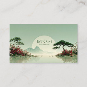 Tarjeta De Visita Paisaje Sereno Jardín Zen Rosa Roja Esfera Solar