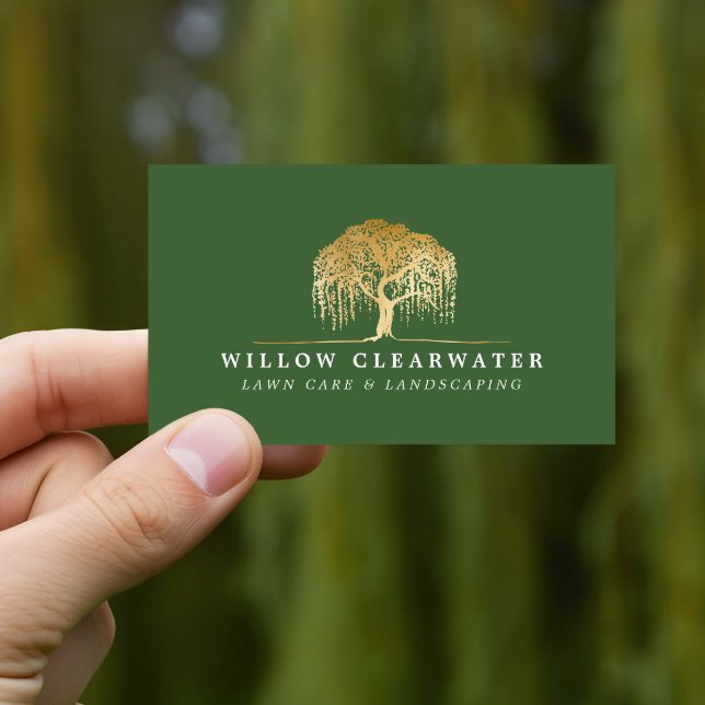 Tarjeta De Visita Paisajismo Árbol de Sauce Dorado y Verde Moderno R (Rustic Modern Green & Gold Willow Tree Landscaping Business Card)