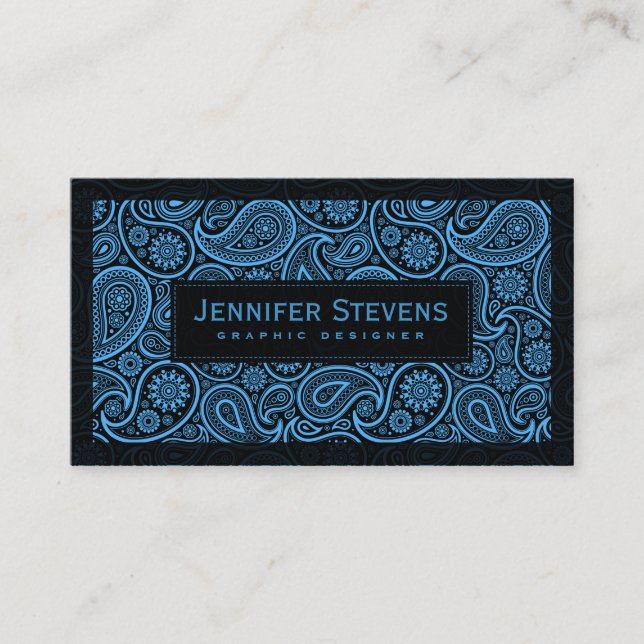 Tarjeta De Visita Paisley Vintage Negra Y Azul (Anverso)
