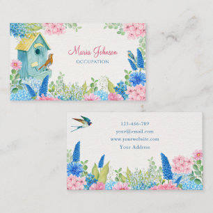 Tarjeta De Visita Pájaro de flores rosa azul