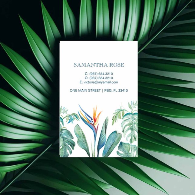 Tarjeta De Visita Pájaro del paraíso de las hojas de palma de Monste (Tropical business cards feature watercolor orange florals and palm leaves by Victoria Grigaliunas)