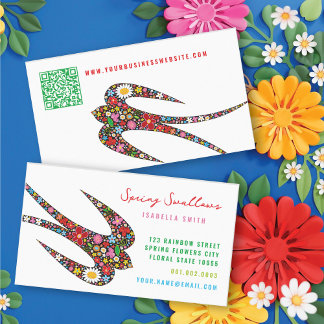 Tarjeta De Visita Pájaro golondrina caprichoso y flores de primavera