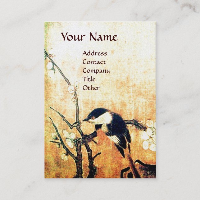 Tarjeta De Visita PÁJARO PRIMAVERA MONOGRAMA Oro Perla Blanca Marrón (Anverso)