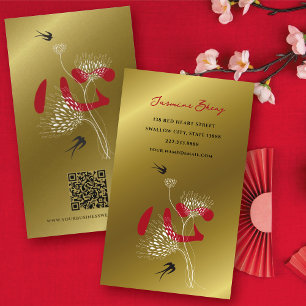 Tarjeta De Visita Pájaros Golondrina & Corazón Chino Floral Oriental