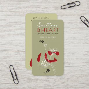 Tarjeta De Visita Pájaros Golondrina Corazón Chino Kanji Floral Orie