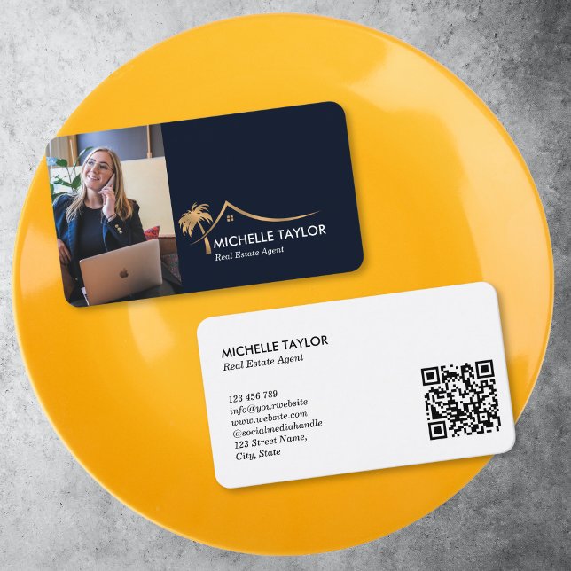 Tarjeta De Visita Palm Coastal Real Estate Realtor Foto QR (GOLD PALM AND HOUSE ROOF REALTOR LOGO ON A NAVY BACKGROUND)