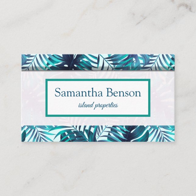 Tarjeta De Visita Palm Leaves Tropical Island Green & White Square B (Anverso)