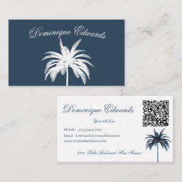 Tarjeta De Visita Palm Tree Tropical Blue White QR Business