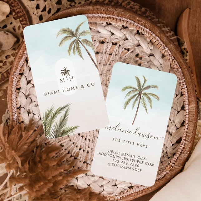 Tarjeta De Visita Palm Trees acuarelas tropicales Boho Monograma (Tropical Watercolor Palm Trees Boho Monogram Business Card)