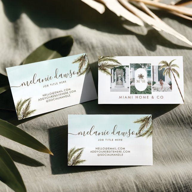 Tarjeta De Visita Palm Trees acuáticas tropicales Foto Boho (Tropical Watercolor Palm Trees Boho Photo Business Card)