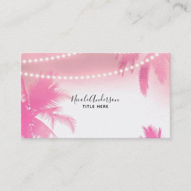 Tarjeta De Visita Palm Treys rosados y String Lights Beacham Glam (Anverso)