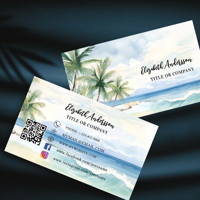 Tarjeta De Visita Palmeras de playa tropical código QR medios social (Subido por el creador)