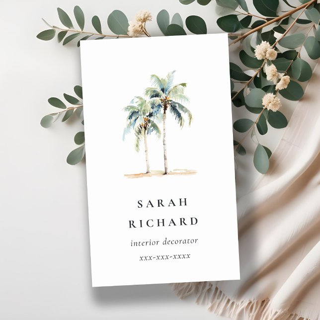 Tarjeta De Visita Palmeras Tropicales Costeras Acuarela Azul Verde (Subido por el creador)