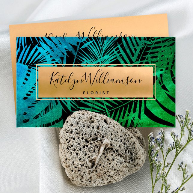 Tarjeta De Visita Palmilla tropical oro verde azulado rojo oscuro y  (Subido por el creador)