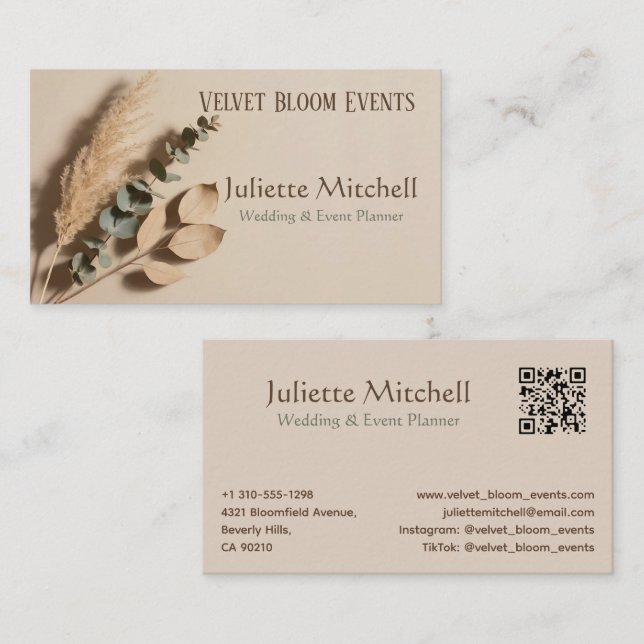 Tarjeta De Visita Pampas Grass Boho Wedding Planner Business Card (Anverso / Reverso)