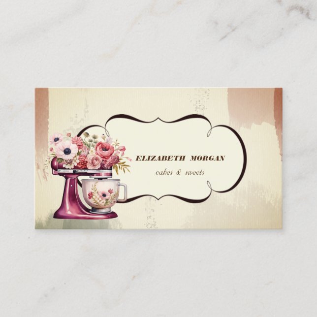 Tarjeta De Visita Panadería acuarela Polvo Mezclador Retro Rojo Flor (Anverso)